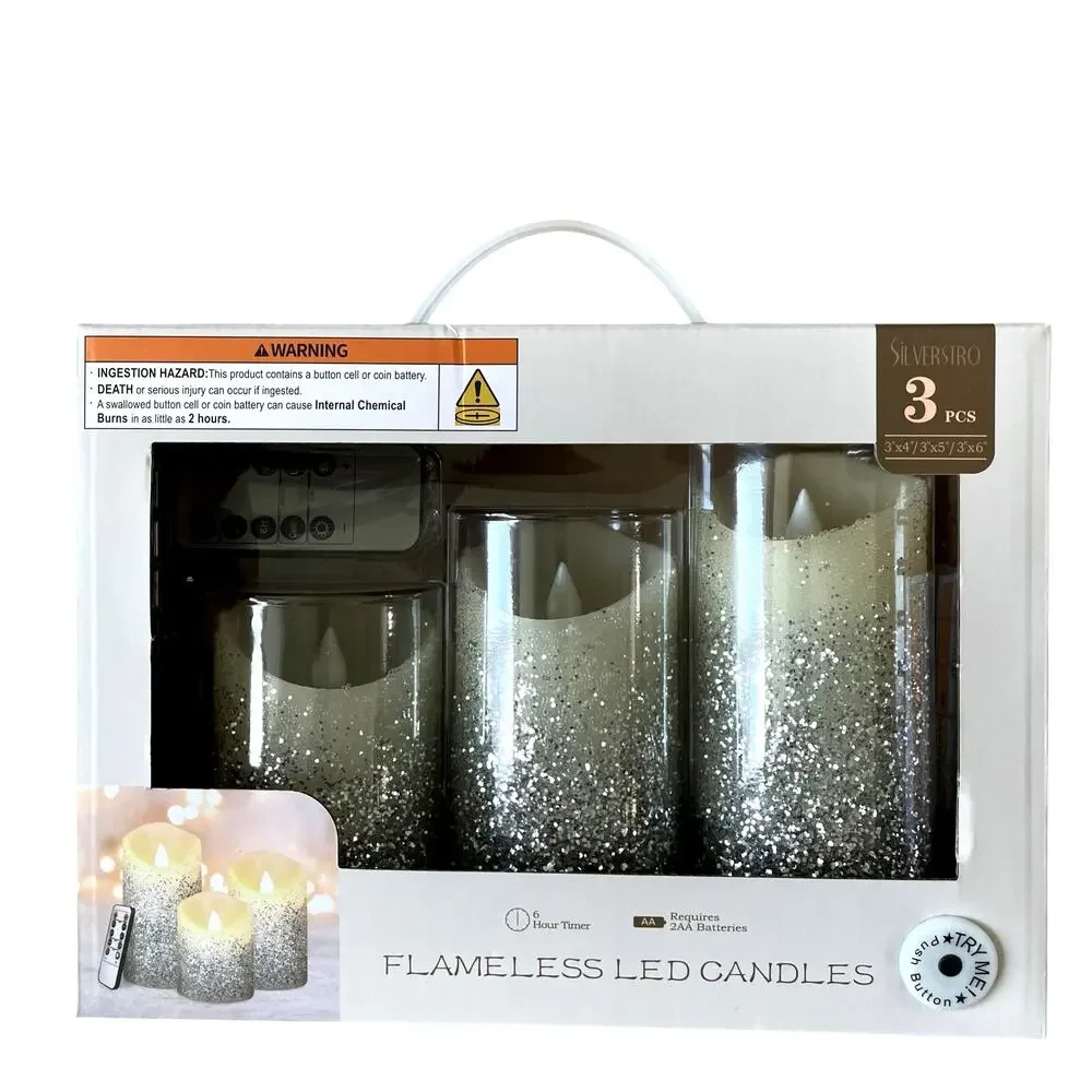 Set of 3 Silver Glitter Flameless LED Candles Battery Operated Holiday Decor NEW